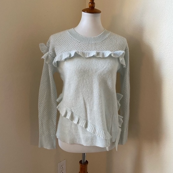 White & Warren women’s Ruffle Cashmere Sweater Size S/M Light Teal Crewneck - Picture 1 of 6
